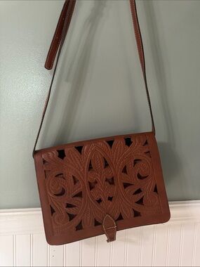 Patricia Nash Carved Leather Crossbody Bag in Cognac Brown